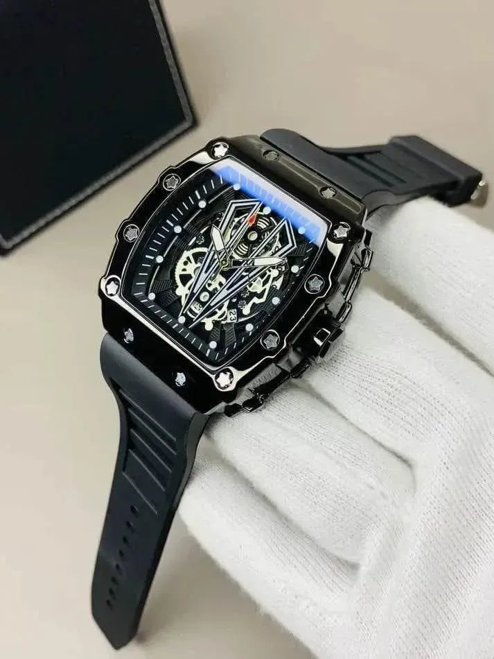 Men’s Black Skeleton Tonneau Watch – Silicone Strap, Date Display