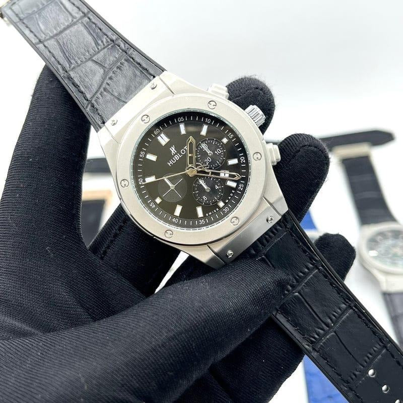 Men’s Octagonal Bezel Chronograph-Style Watch – Black Dial, Croc-Grain Strap