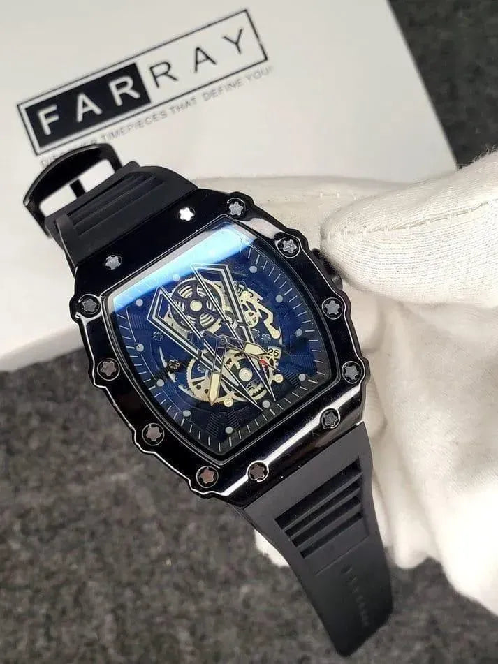 Men’s Black Skeleton Tonneau Watch – Silicone Strap, Date Display