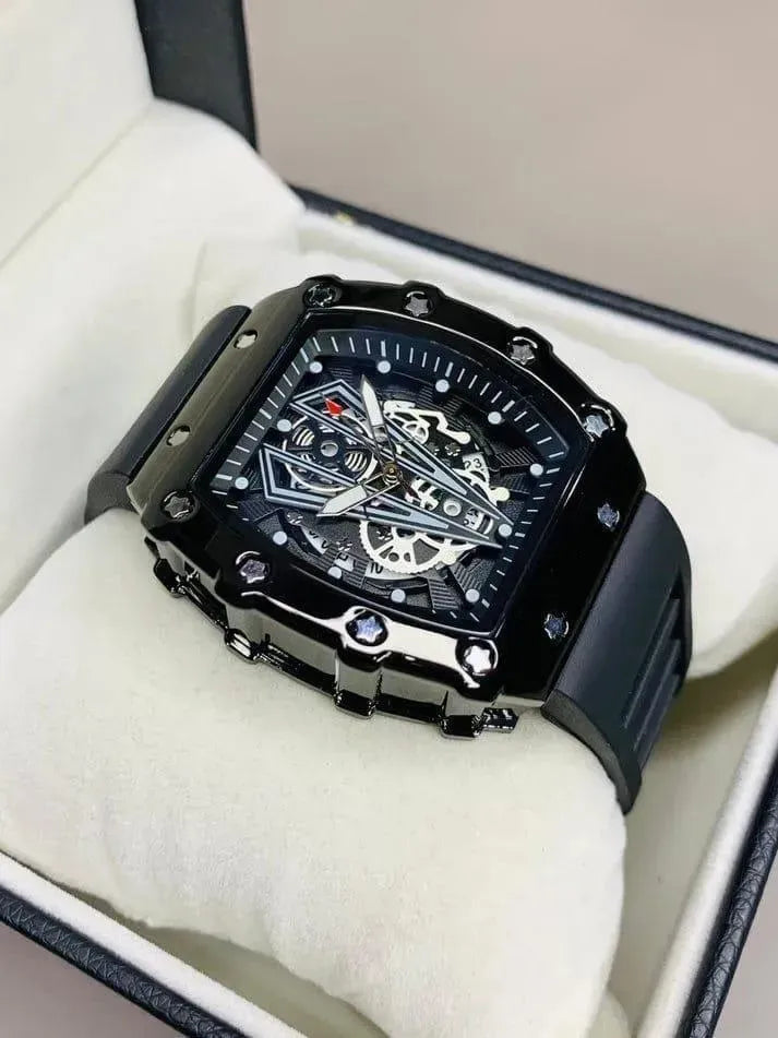 Men’s Black Skeleton Tonneau Watch – Silicone Strap, Date Display