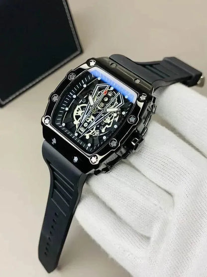 Men’s Black Skeleton Tonneau Watch – Silicone Strap, Date Display