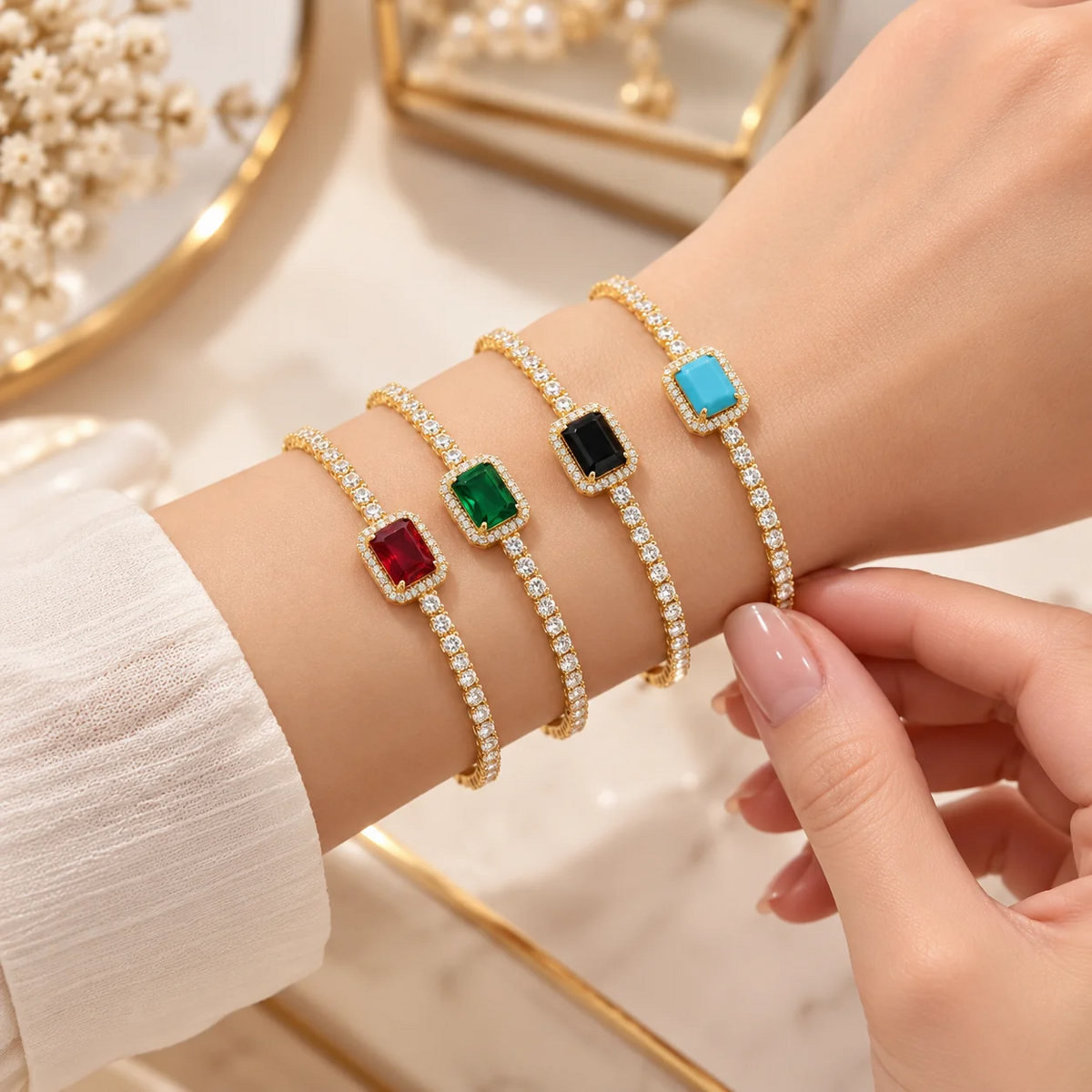 Elegant Gemstone Tennis Bracelet in Gold-Tone Finish