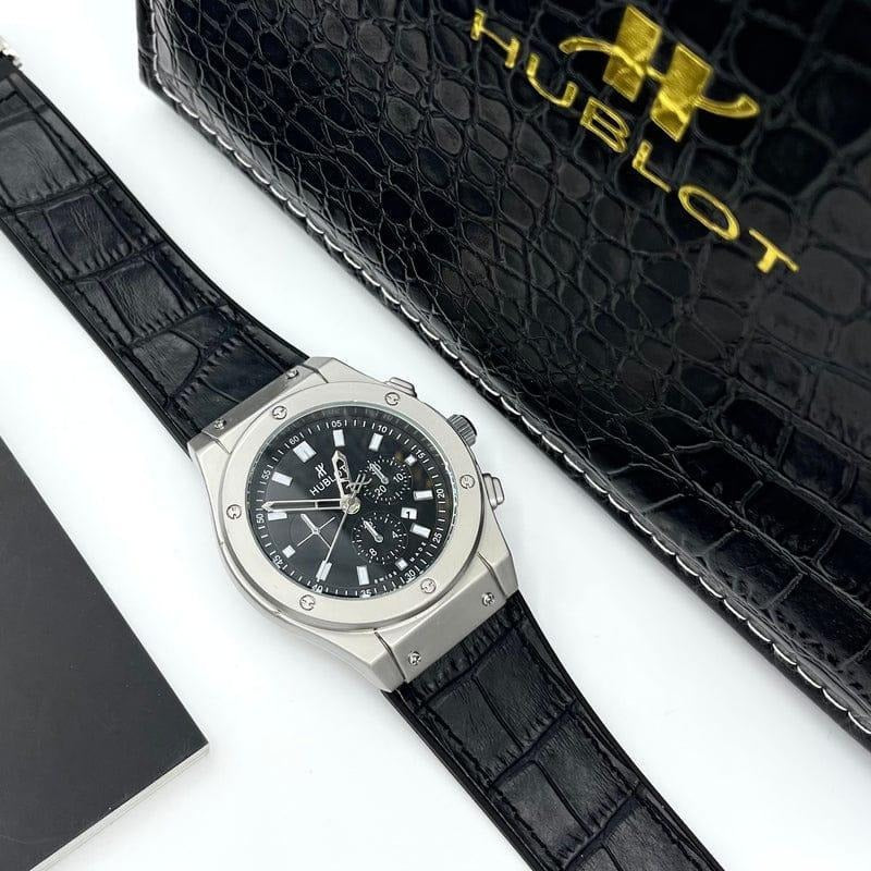 Men’s Octagonal Bezel Chronograph-Style Watch – Black Dial, Croc-Grain Strap
