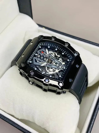 Men’s Black Skeleton Tonneau Watch – Silicone Strap, Date Display